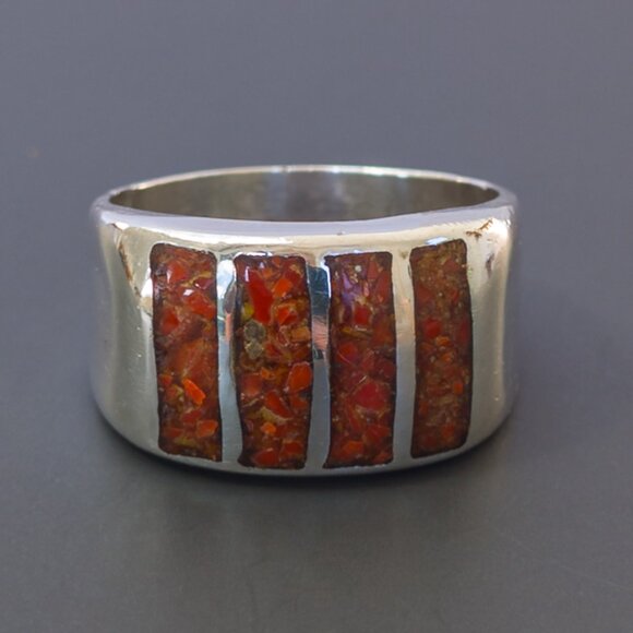 Sterling Coral Inlay Wide Band — Size 11 - Picture 10 of 14